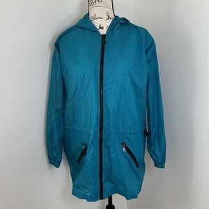 ShedRain‎ Hooded Raincoat M/L Teal Blue Nylon Zip Front Pockets Lightweight